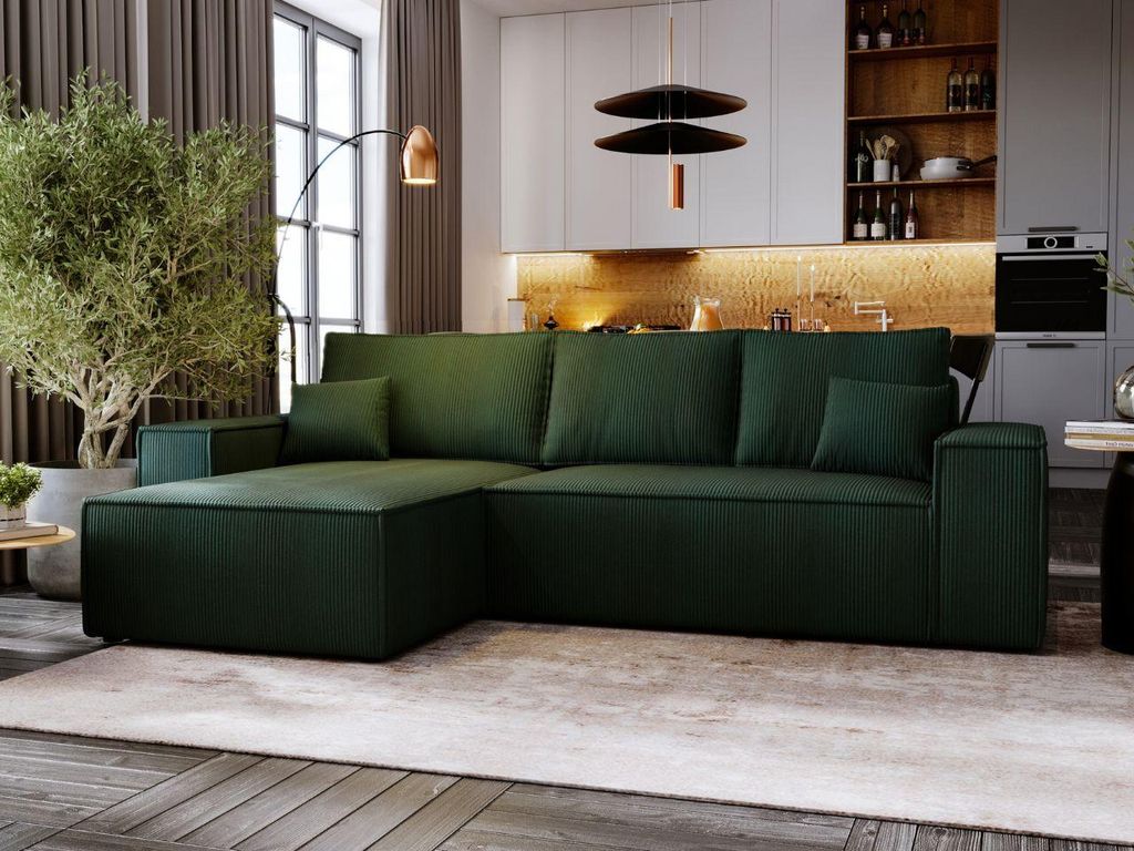 FurniDe24 Ecksofa L-Form Malaga Links - Moderne Ecksofa, Wohnzimmer Sofa mit Bettkasten, - Eckcouch Grün (Poso 14)