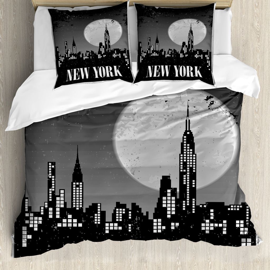 ABAKUHAUS NYC Szene Bettbezug Set für Einzelbetten, Grunge Nächtliche Stadt, Milbensicher Allergiker geeignet mit Kissenbezug, 155 cm x 220 cm - ...