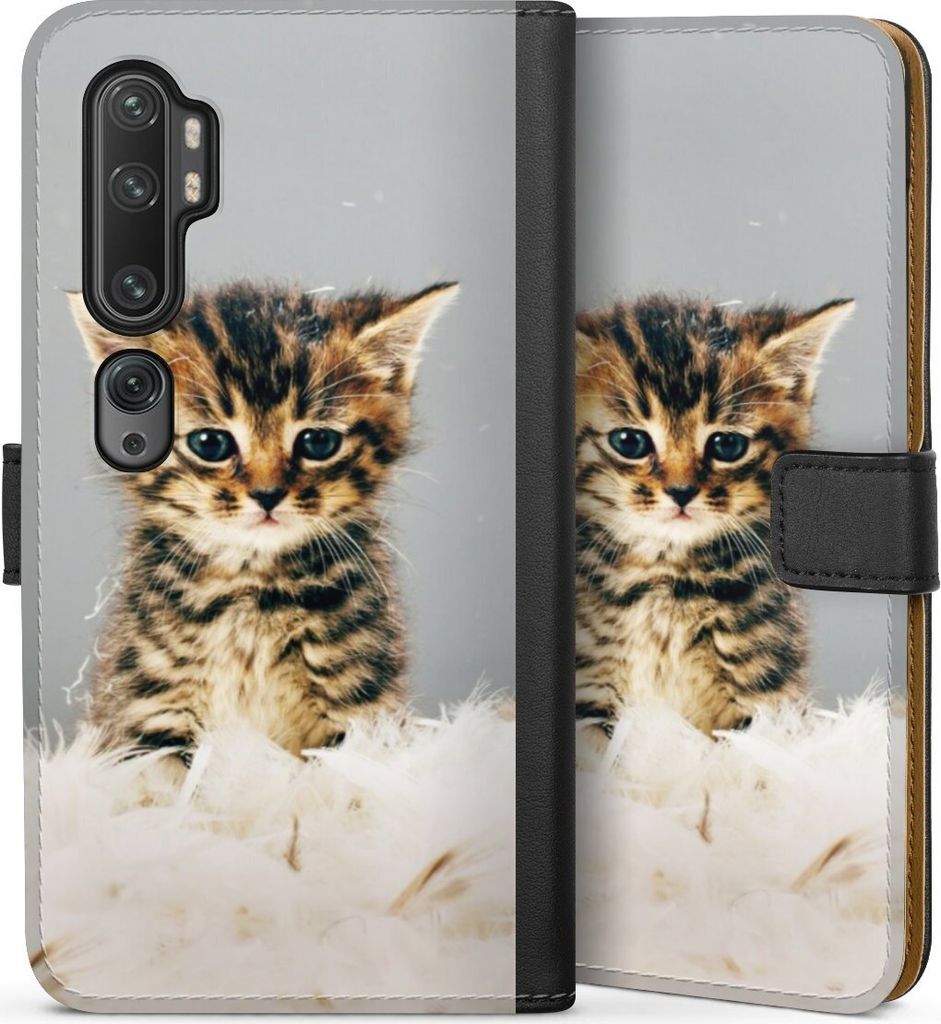 DeinDesign Klapphülle für Xiaomi Mi Note 10 Handytasche Lederhülle Tasche Feder Haustier Katze