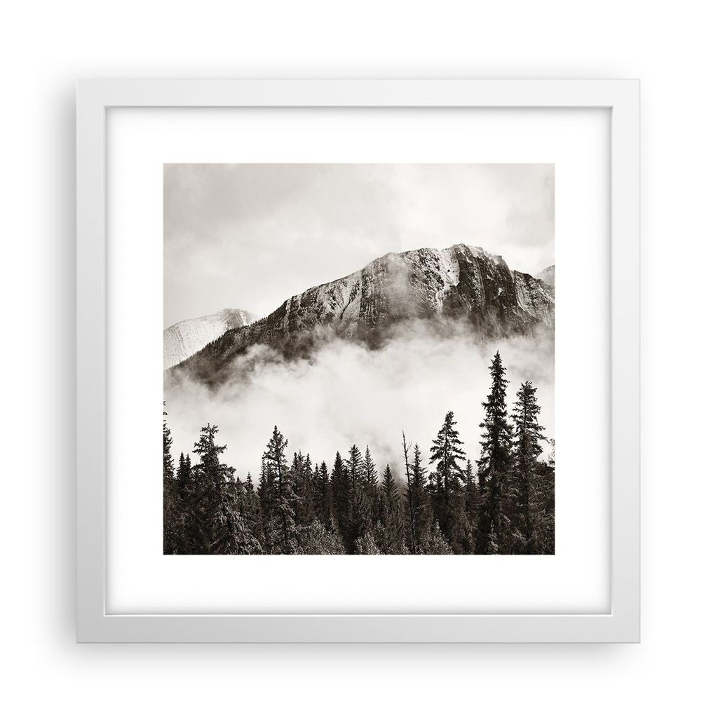 Gerahmtes Poster - Weißer Rahmen - Nebel Berg Wald - 30x30 cm - Wand Bild - Wanddeko - Wandbilder - Kunstposter - Wandposter - Bilderrahmen - Bild...