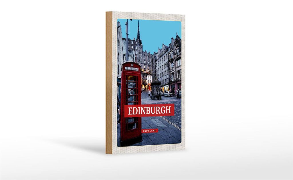 Holzschild Reise 12x18 cm Edinburgh Scotland Telephone rot Dekoration
