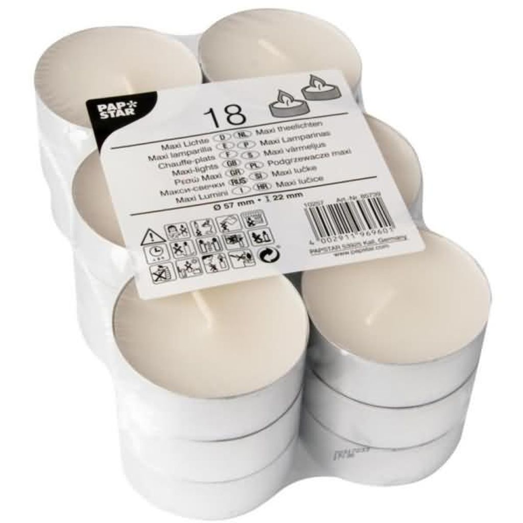 PAPSTAR Maxi-Teelichte Durchmesser: 57 mm weiß 18 Stück Produktbild 