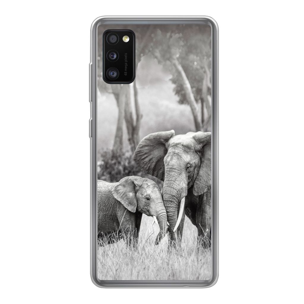 MuchoWow Handyhülle Schutzhülle Hülle für Samsung Galaxy A41 Elefant - Tiere - Natur - Schwarz und weiß Silikon Softcase Handy Hülle - Mobi...