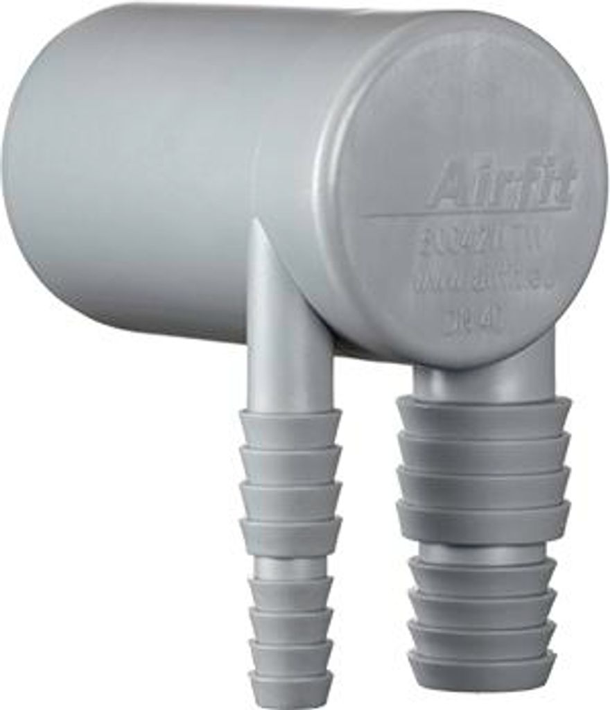 A gray plastic pipe fitting with ribbed hose connectors.