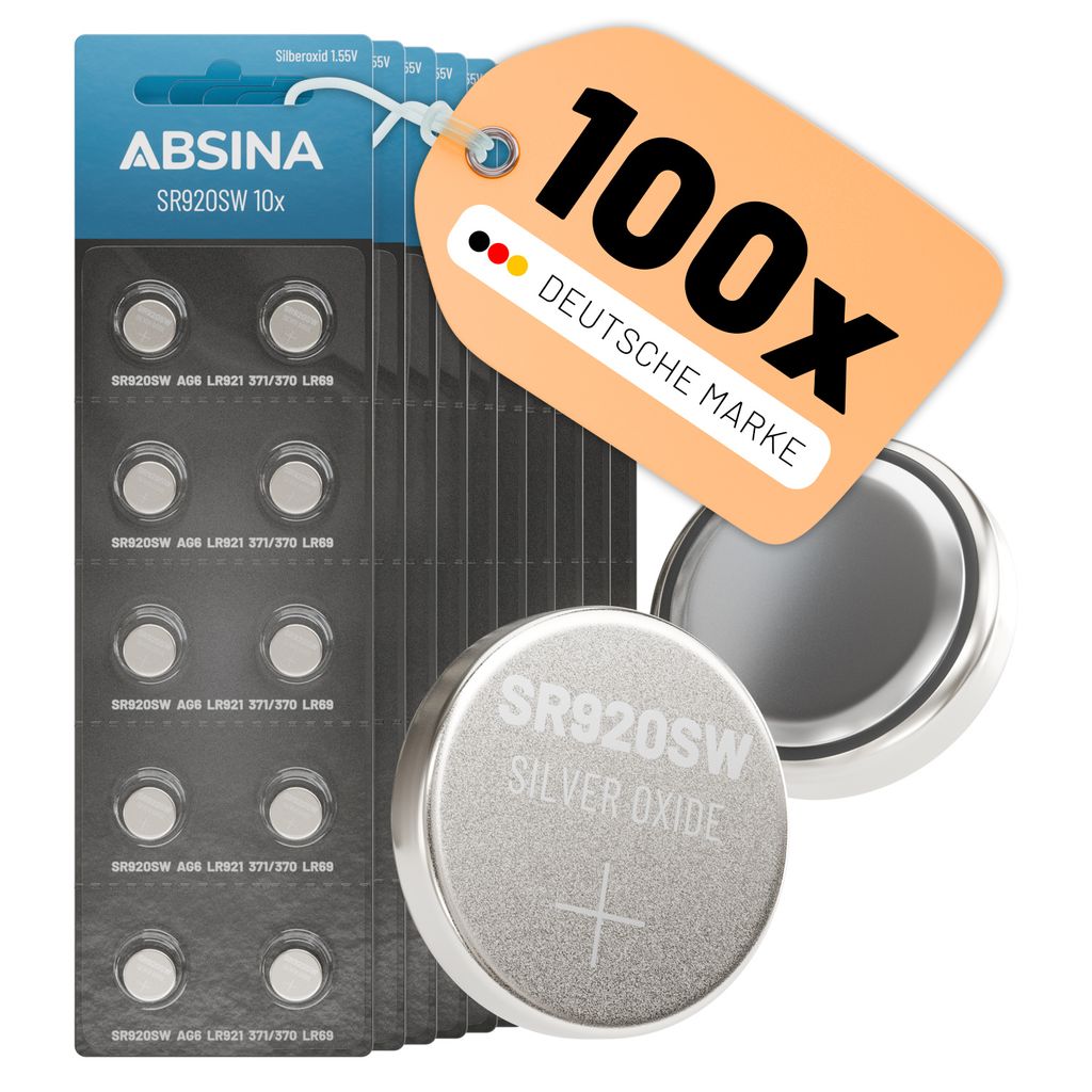 ABSINA SR920SW Uhrenbatterie 1,55V Silberoxid 10x 10er Pack - Batterie SR920SW / LR921 / 371 / 370 / LR69 / AG6