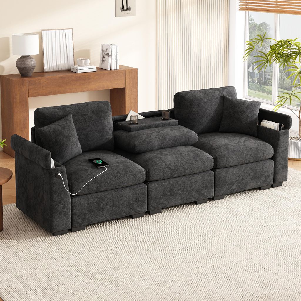 Merax 3-Sitzer Sofa, Multifunktionales Chenille Couch mit Klapptisch, USB-Anschluss, Kissen, Getränkehalter, Versteck-Stauraum, Polstersofa, Grau