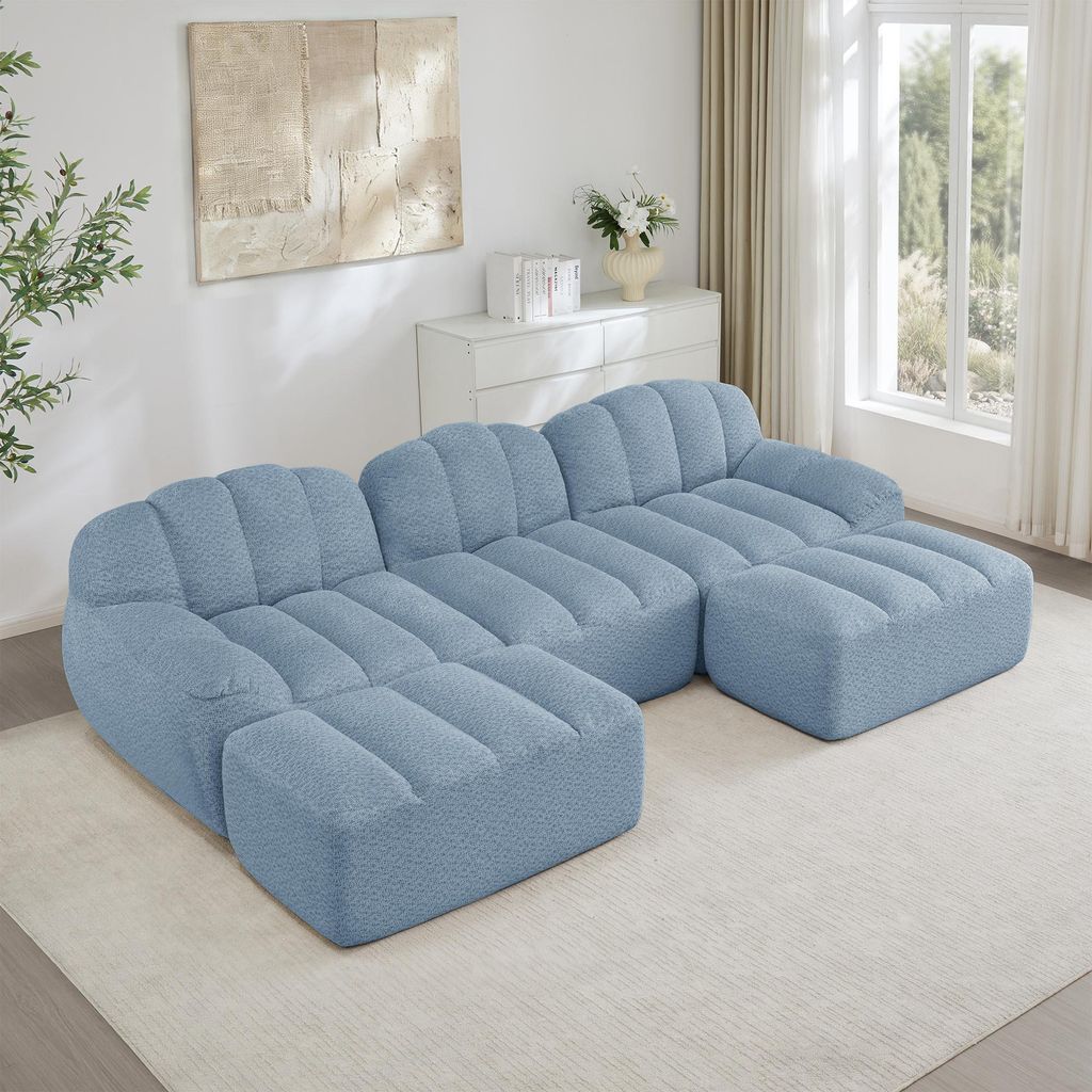 Modulares U-förmiges 3-Sitzer Sofa mit 2 Ottomans, Boneless Design, 32D Hochdichtschaum, tiefe Sitzfläche, weicher Stoff, Wohnzimmer Möbel