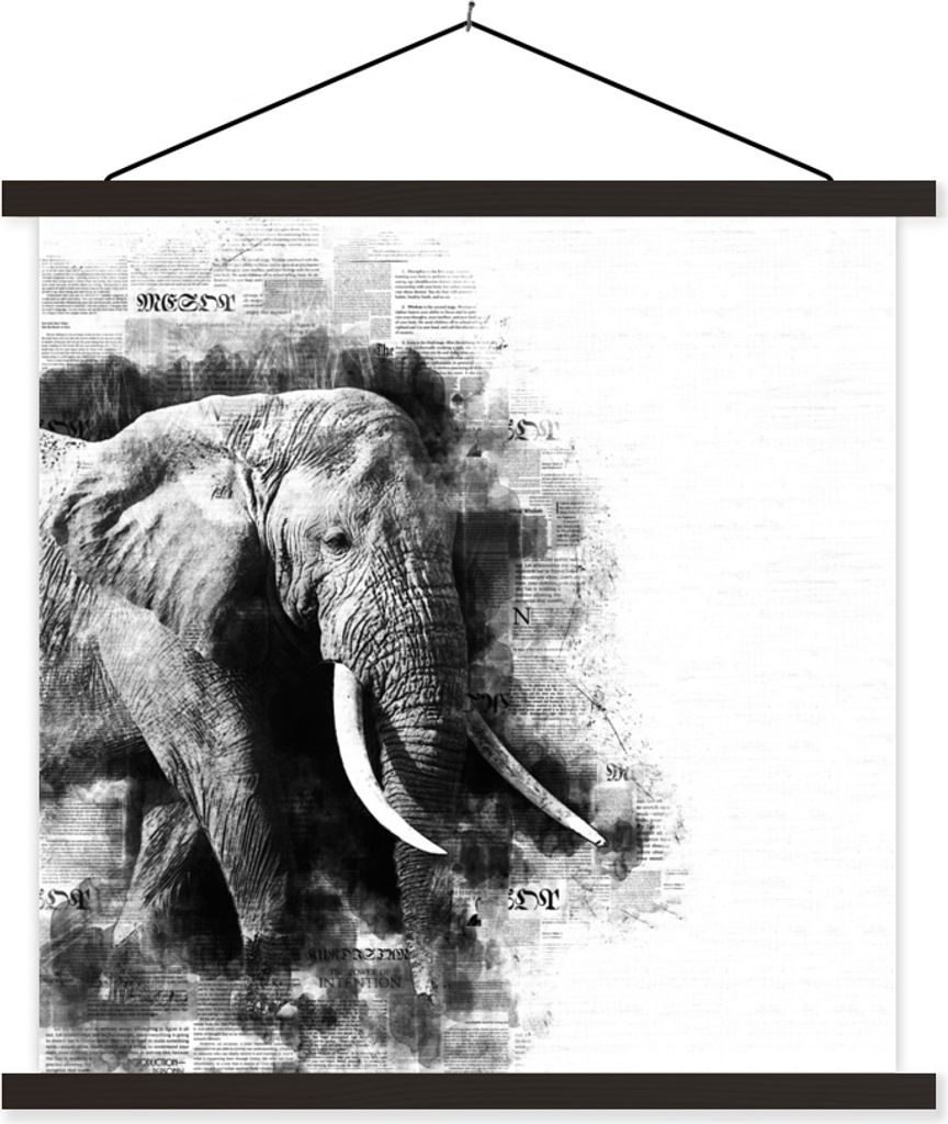 MuchoWow Textilposter Elefant - Papier - Farbe - Schwarz - Weiß 120x120 cm mit schwarzem Rahmen - Aufhängungsset