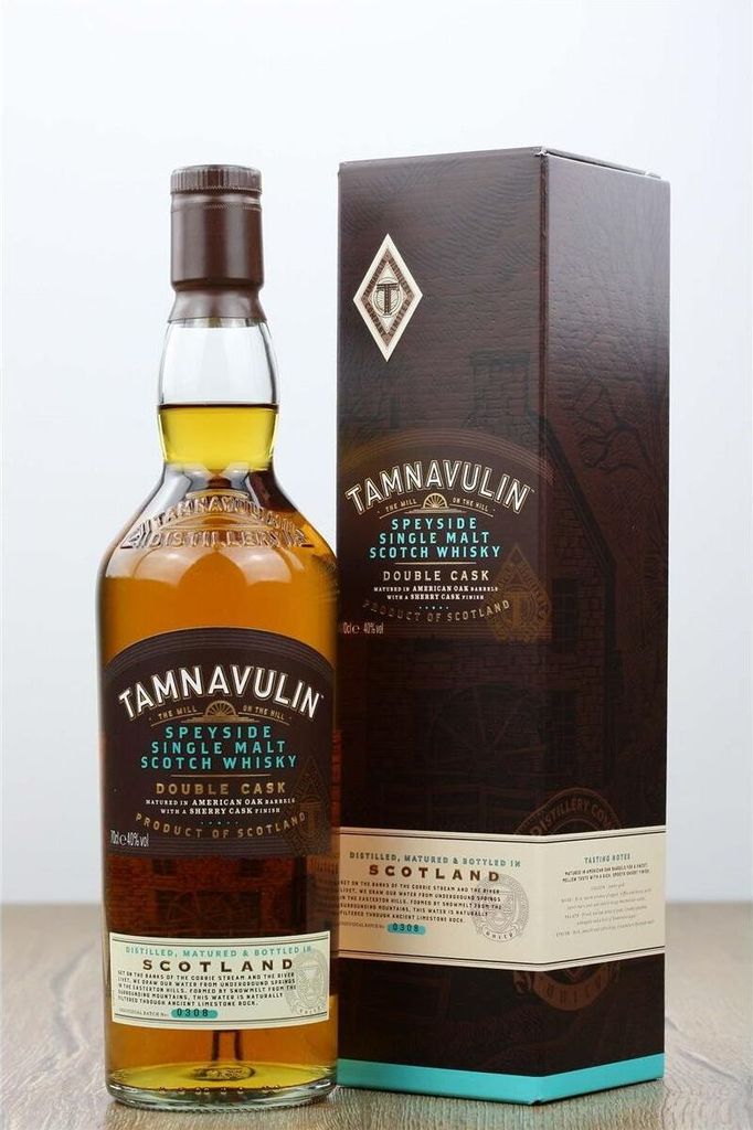A bottle of Tamnavulin Double Cask Speyside Single Malt Scotch Whisky and its accompanying box are displayed against a white background.