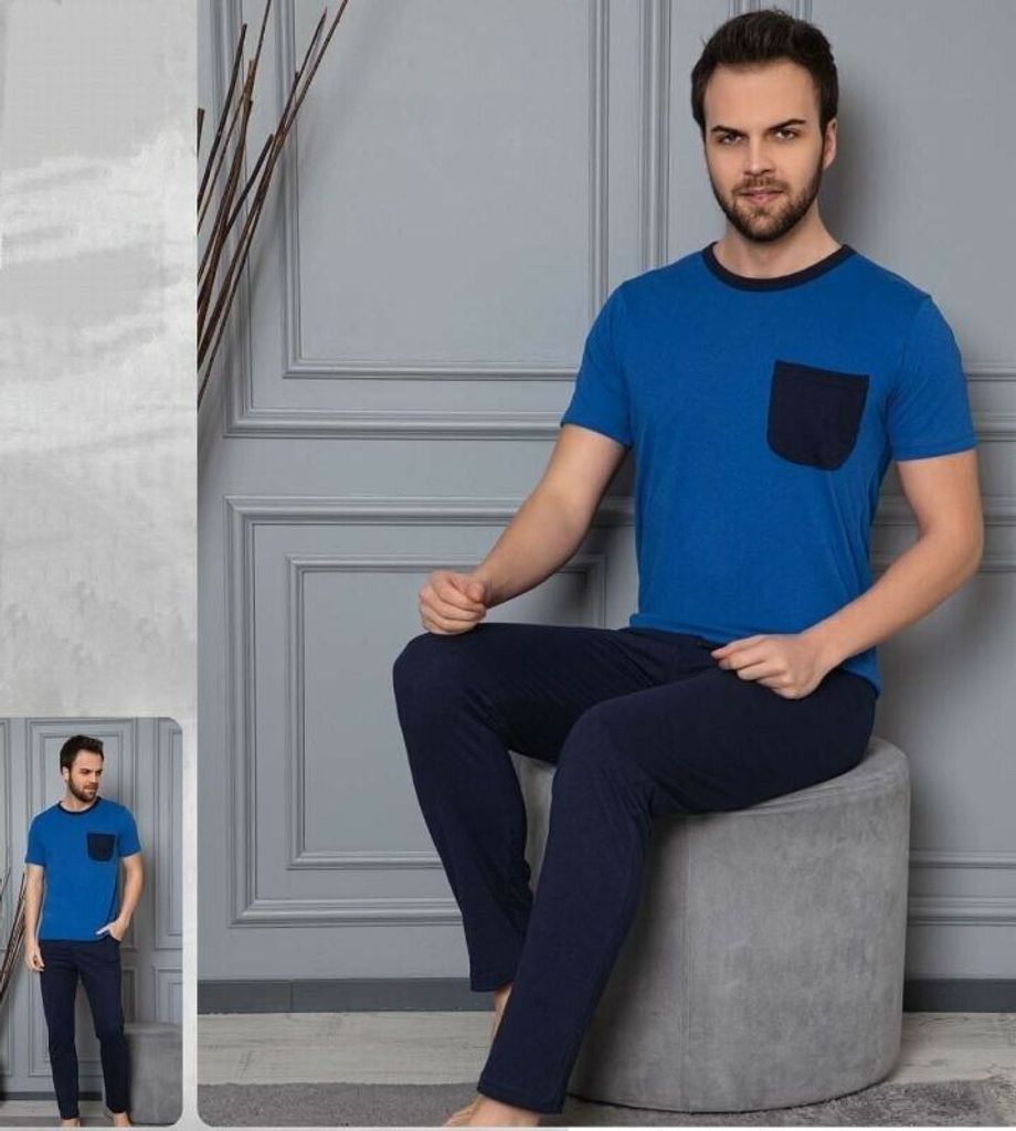 Herren Pyjama Schlafanzug Blau M Baumwolle Kurz 2-Teiler Set C-33