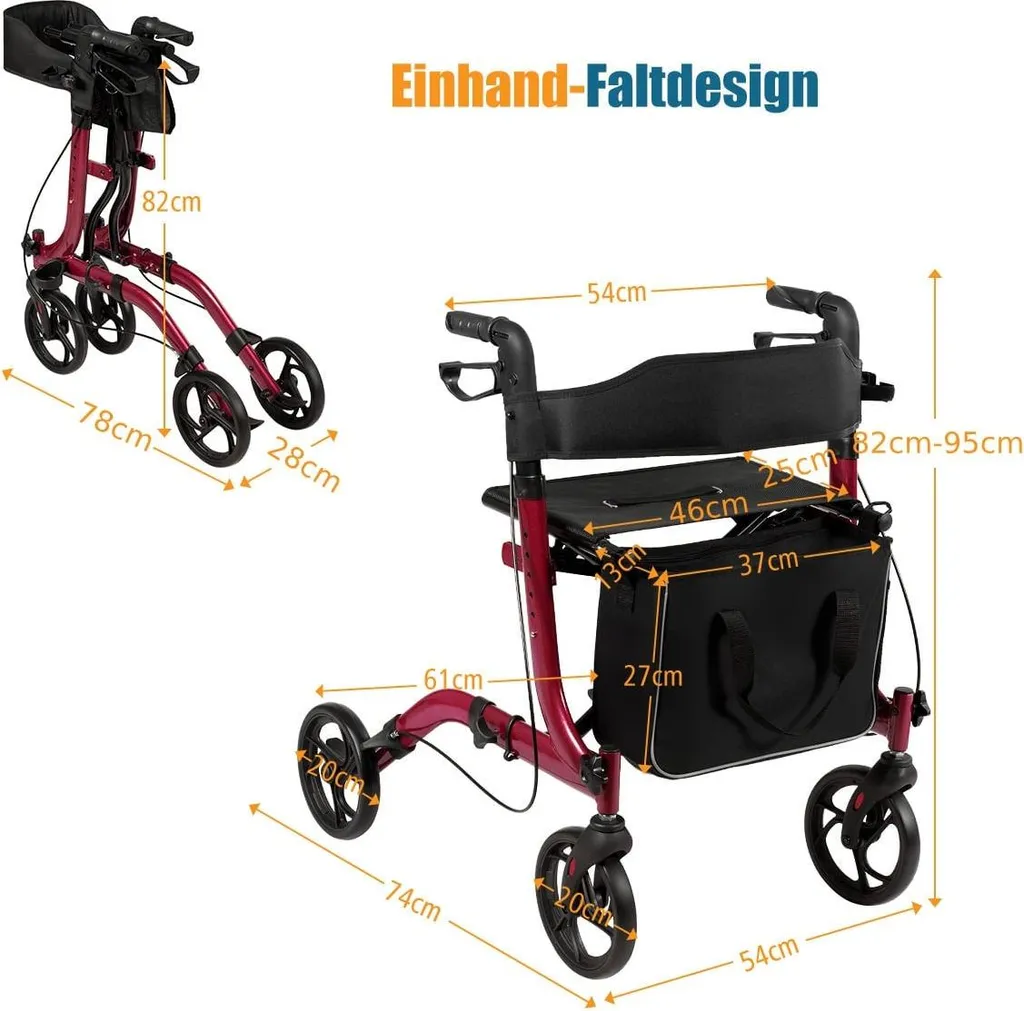 Rollator 4 roues pliable rouge réglable - Aide à la marche ergonomique - 2