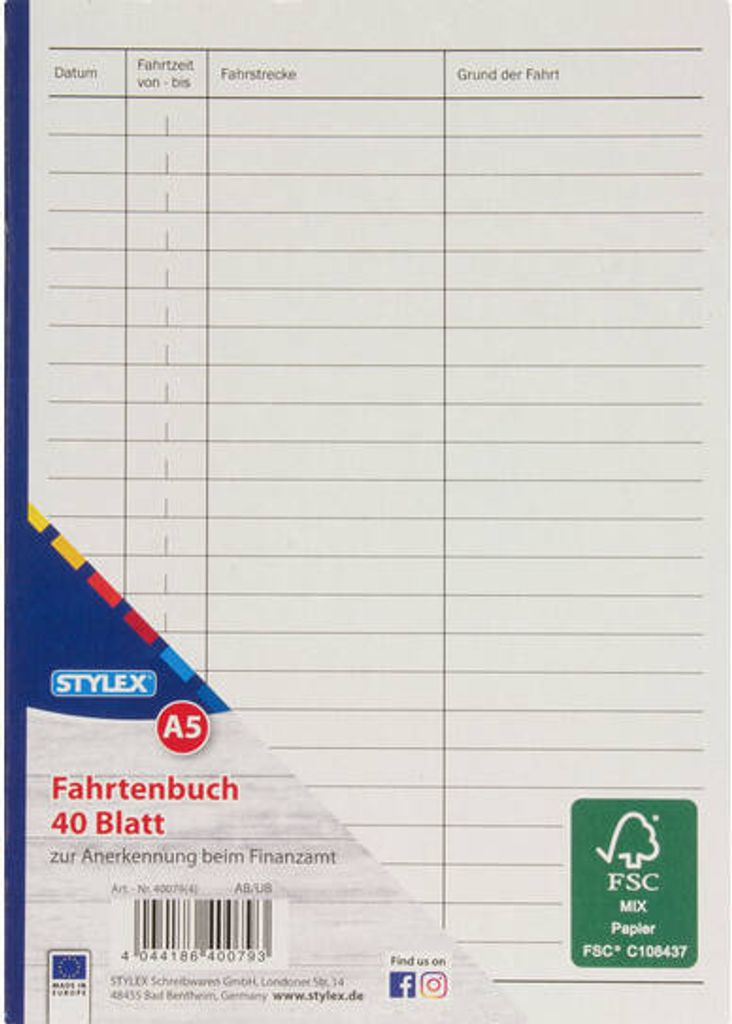 Fahrtenbuch / DIN A5 / 40 Blatt Produktbild 