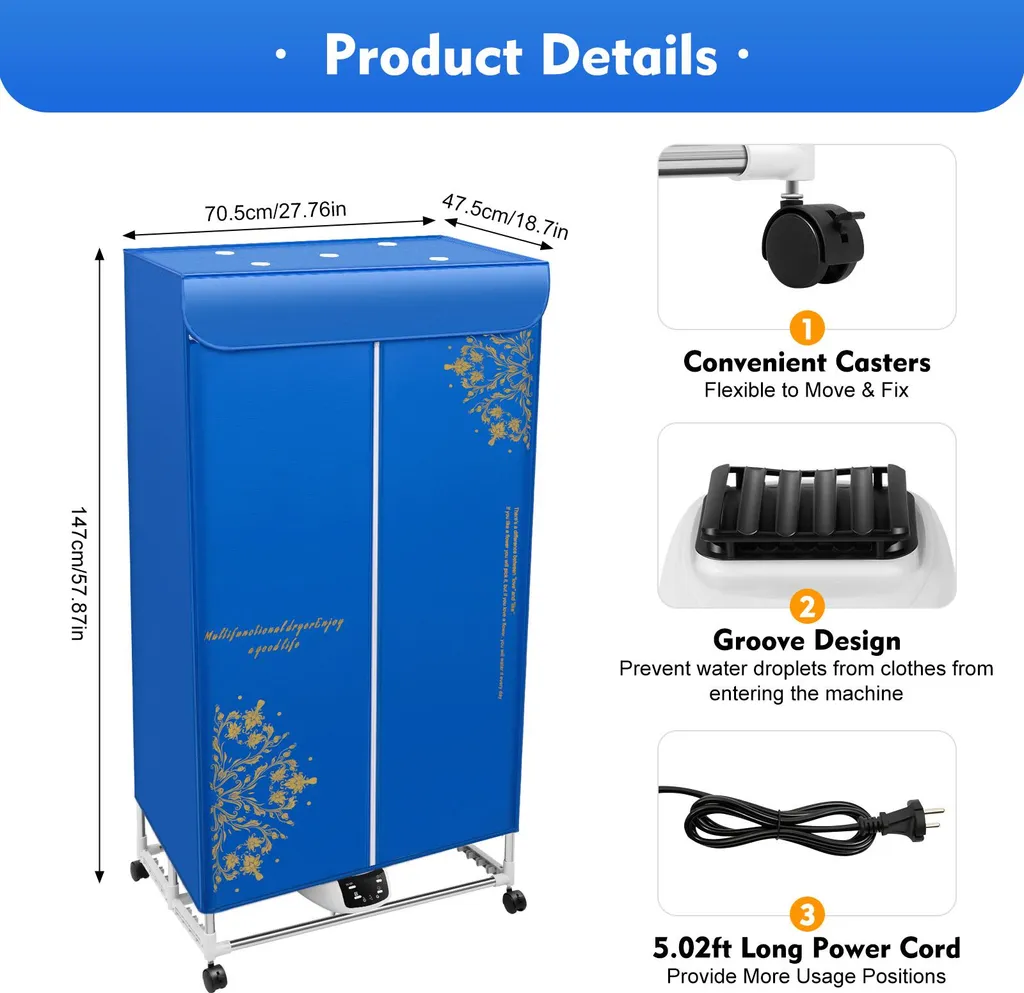 Sèche-linge pliable design bleu : télécommande et séchage rapide 360° - 5