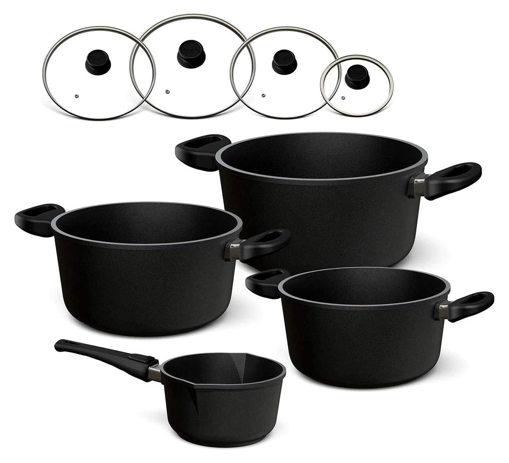 Induktions-Töpfe Set mit Glasdeckel, 8-teilig für alle Herdarten
