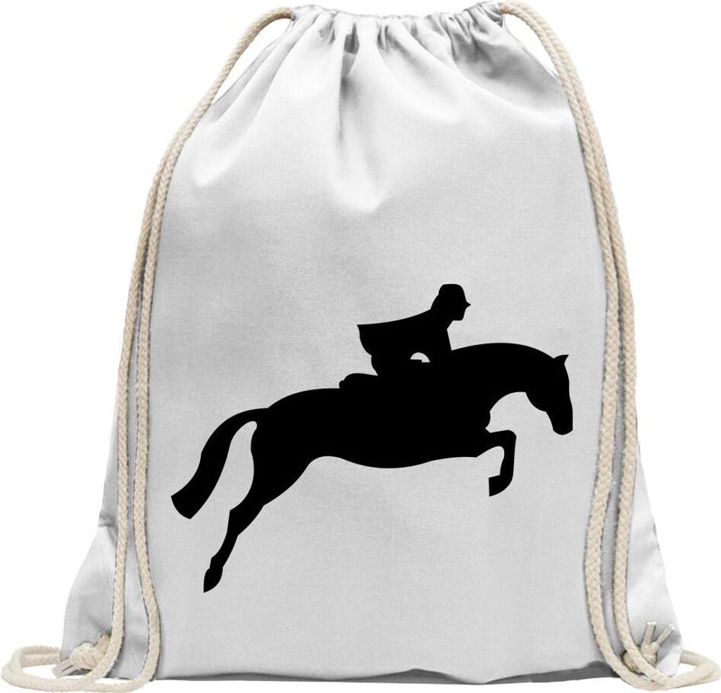 Kiwistar - Turnbeutel - weiss - Springreiten - Showjumping - Freispringen - Fun Rucksack Sport Beutel Gymsack Baumwolle mit Ziehgurt