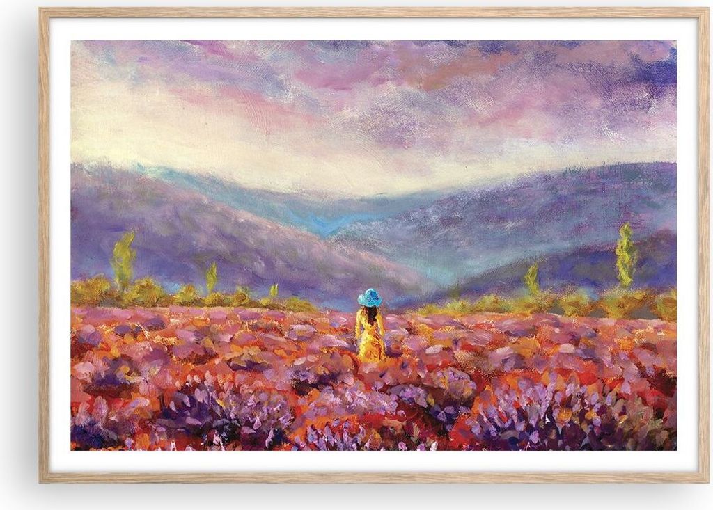 Gerahmtes Poster - Rahmen in heller Eiche - Feld Frau Landschaft - 100x70 cm - Wand Bild - Wanddeko - Wandbilder - Kunstposter - Wandposter - Bilde...