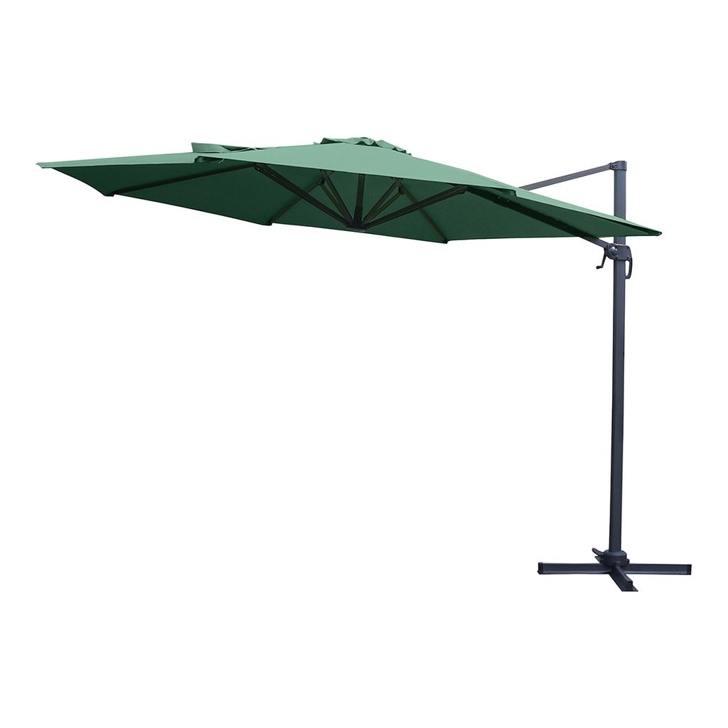 A green cantilever umbrella on a white background.