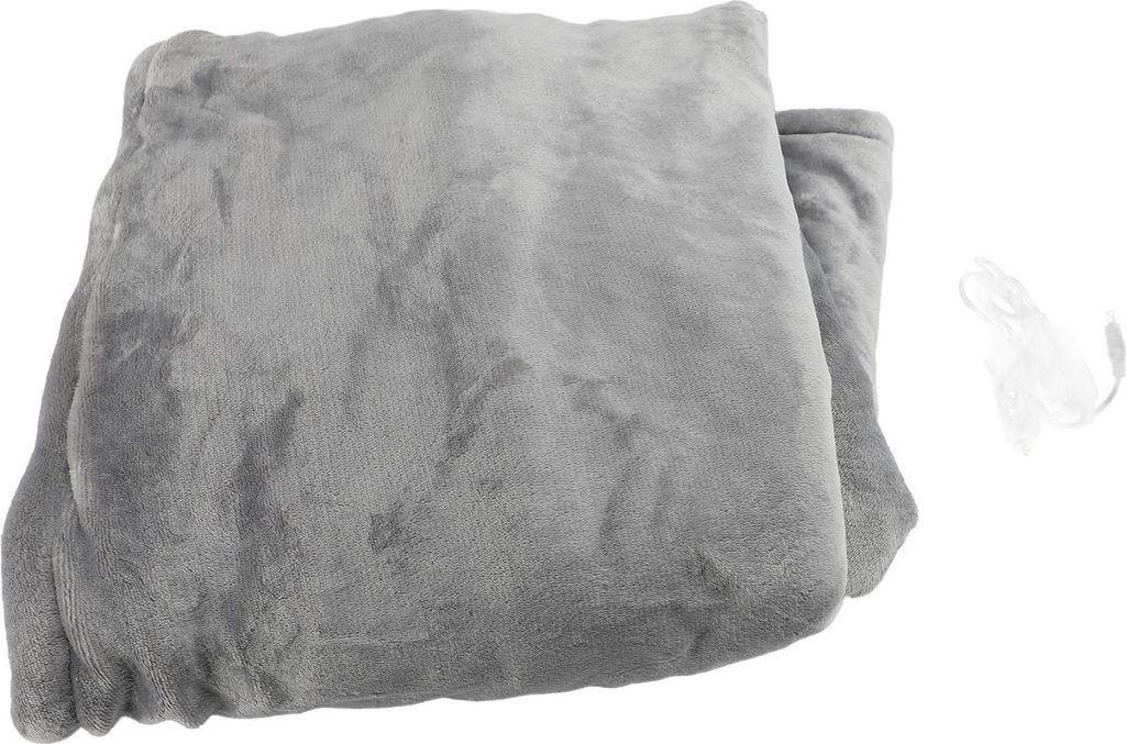 A folded gray electric blanket with a white cord attached.