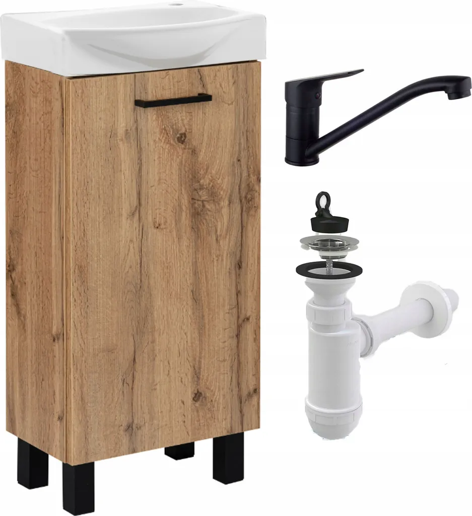 Stamar Ensemble Meuble Lave-mains 40cm Chêne Craft Robinet Noir Siphon