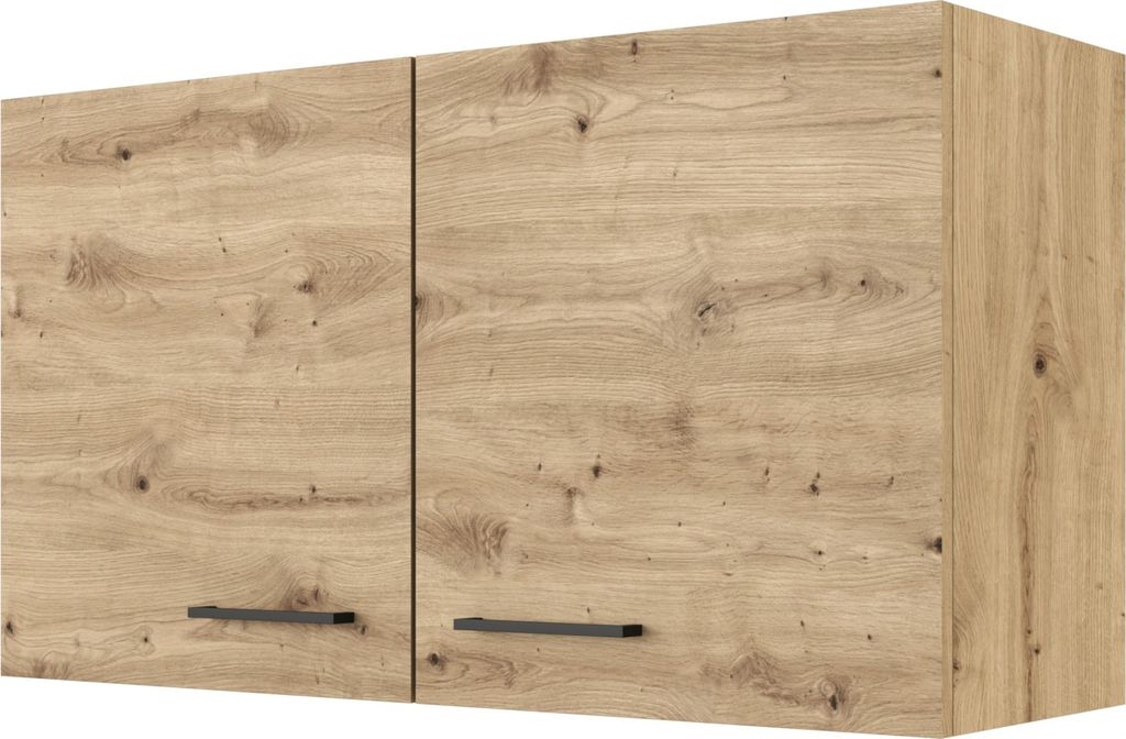 A kitchen cabinet with two doors and handles.