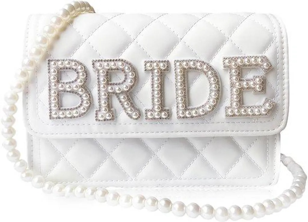 Pochette de soirée en cuir blanc avec chaîne de perles élégante Mariage