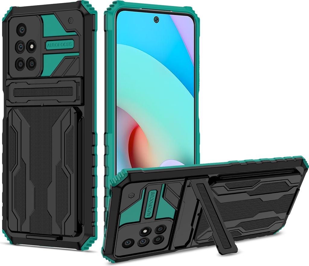 Redmi 10 Hülle, Hybrid Robust Schutz Stoßfest Schutzhülle mit Kartenhalter Ständer für Xiaomi Redmi 10 Grün