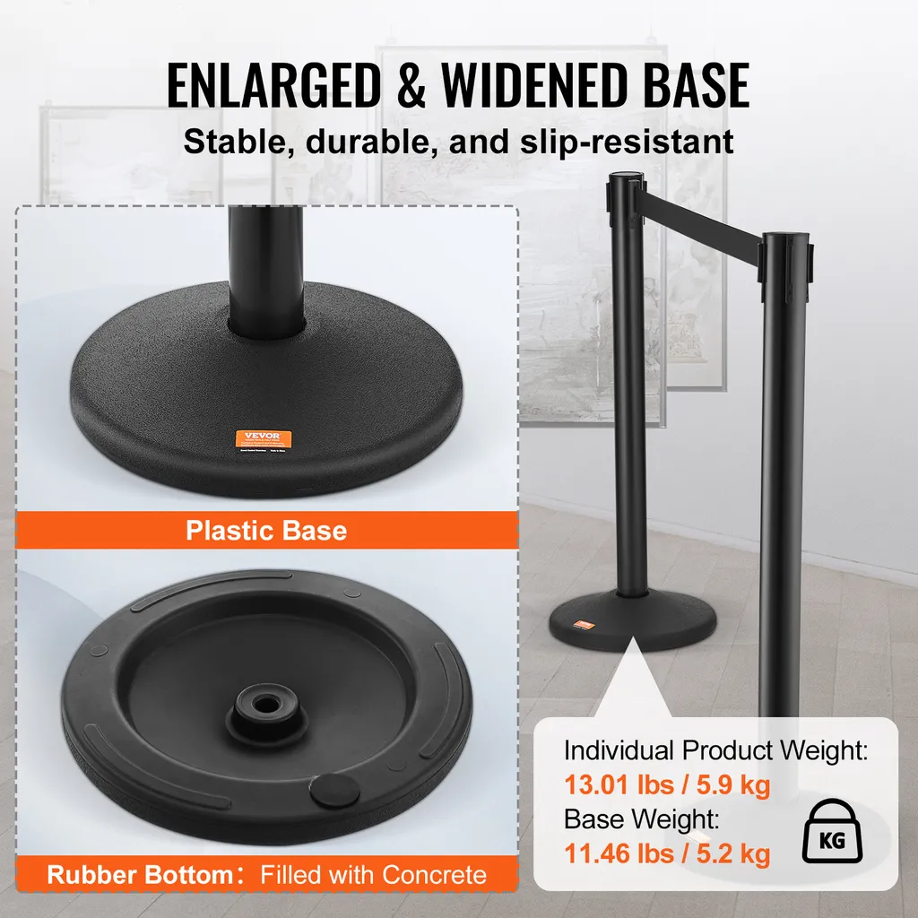 Poteau de Délimitation PVC Robuste et Sangle Rétractable Noire de 2 Mètres