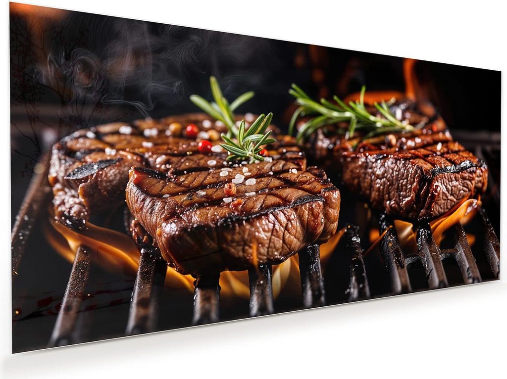 Glasbild 80x40cm in XXL für Wohnzimmer, Schlafzimmer Motiv Gegrillte Steaks