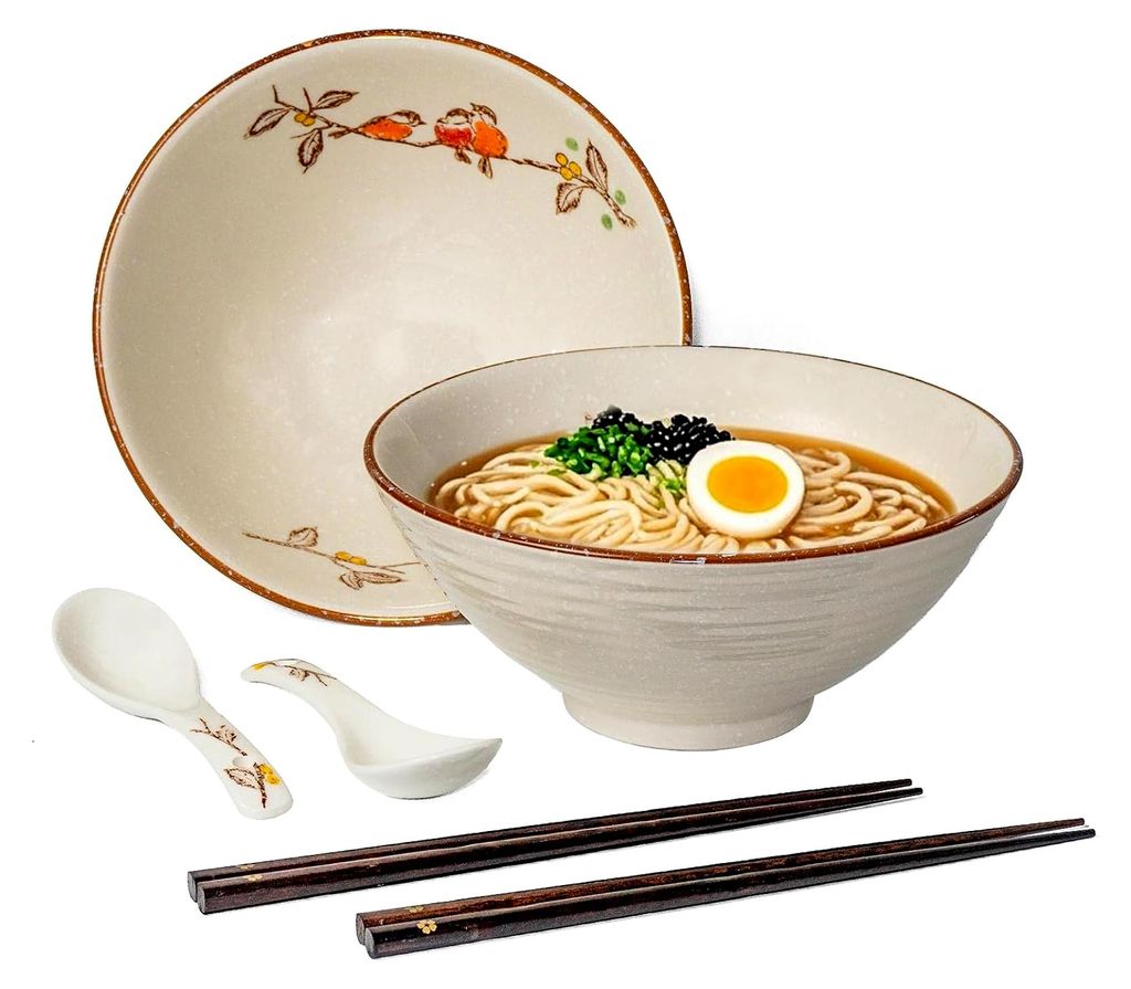Ramen Schüssel Set 2x 1200ml – Japanische Keramikschalen mit Stäbchen und Löffel – Große Suppenschalen für Ramen, Pho, Udon, Salat – Mik...
