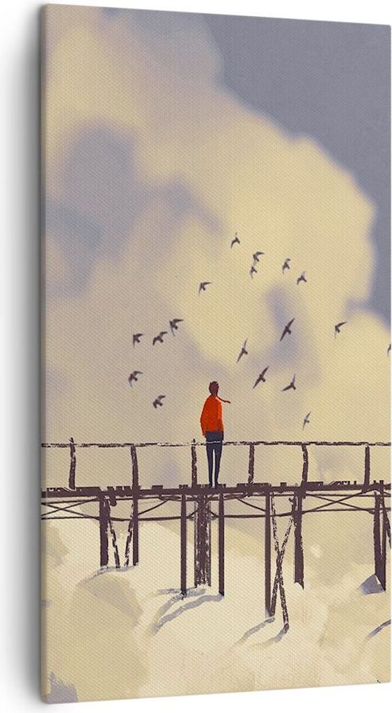 Bild auf Leinwand - Leinwandbild - Wolken Brücke Vögel Landschaft - 45x80cm - Wand Bild - Wanddeko - Leinwanddruck - Bilder - Kunstdruck - Wandde...
