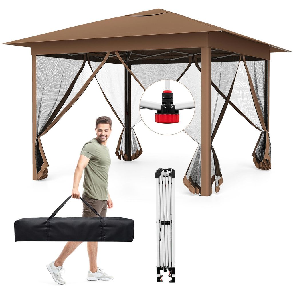 COSTWAY Pavillon 3,5x3,5m, Faltpavillon wasserdicht stabil, Pop up Gartenpavillon, Partyzelt höhenverstellbar mit Moskitonetz Doppeldach Sonnenschutz