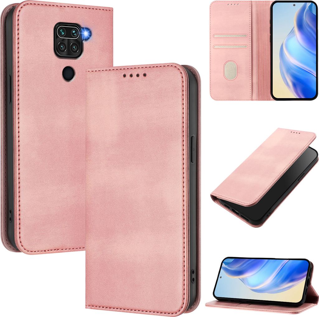 Handyhülle für Xiaomi Redmi Note 9, Vintage Leder RFID Schutz Kartenfach Standfunktion Magnetische Klapphülle Pink