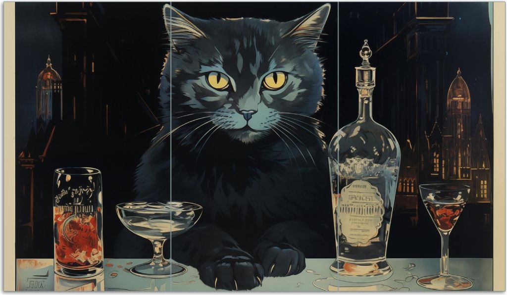 Wallario Herdabdeckplatte aus Glas, Größe 90 x 52 cm 3-teilig, Motiv Katze an der Bar