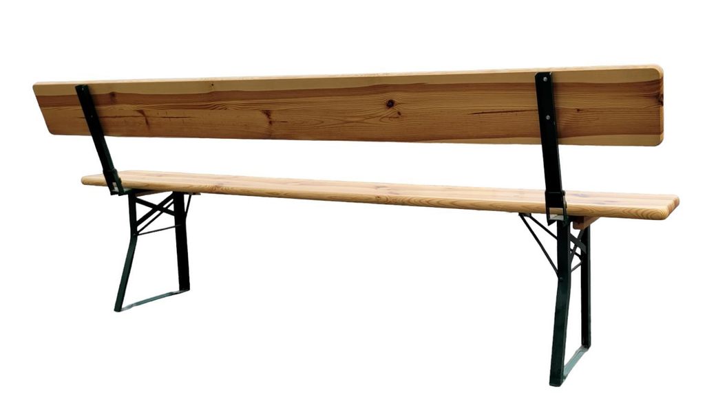 A wooden bench with a backrest, shown from the back on a white background.