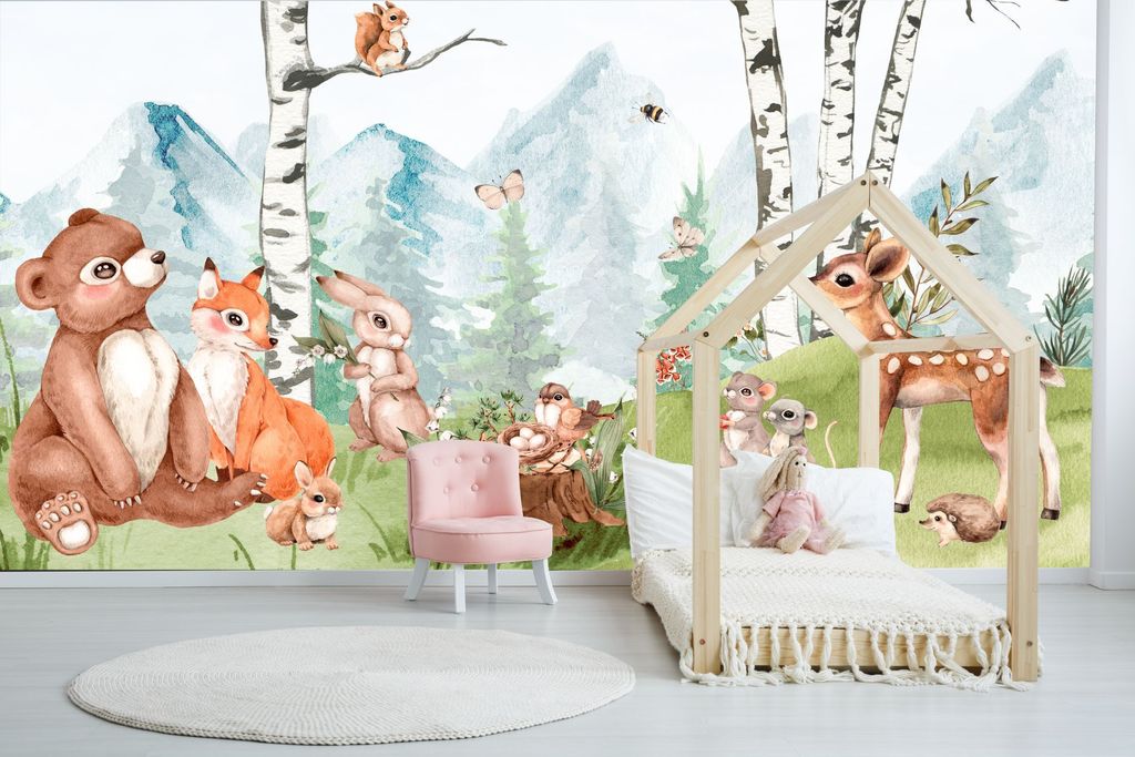 Deco-Wall | Viles Fototapete- Kinderzimmer | Waldtiere auf der Lichtung | 200x135 cm | Wandtapete | Wandsticker für Kinder