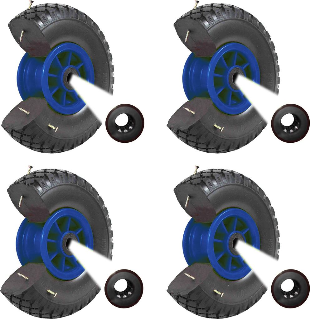 4x Sackkarrenrad PolyurethanRad 260x85 mm 3.00-4 75 mm zentrierte Nabe Ø 20 mm blau Vollgummi Bollerwagen