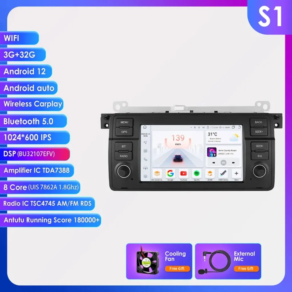 Autoradio GPS Bluetooth Android 12 - S1 Octa-Core 32Go Haute Définition