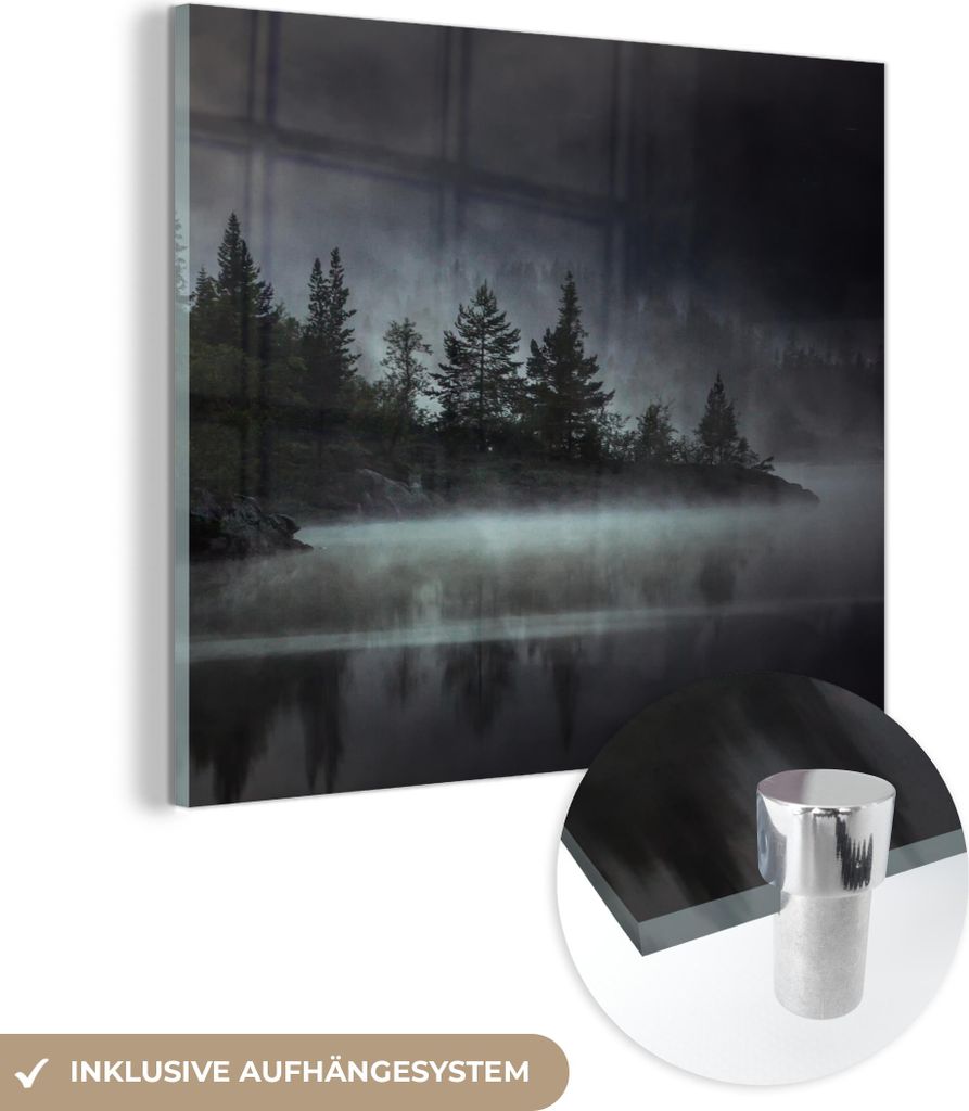 MuchoWow Glasbilder - Bilder auf Wandbild - Foto auf Glas Wald - Nebel - Schwarz - Weiß 90x90 cm Wanddekoration aus Glas - Acrylglasbild - Acrylbi...