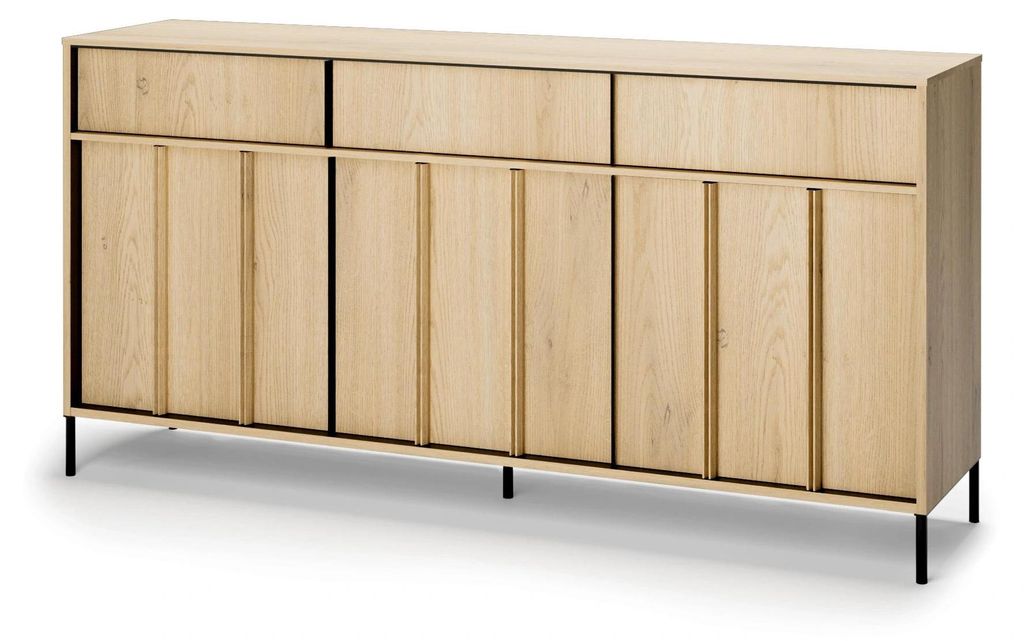 Sideboard ITAMI IT-04 mit Beleuchtung, 3 Türen & 3 Schubladen, 165x83x40 cm, Eiche Cremona / Schwarz