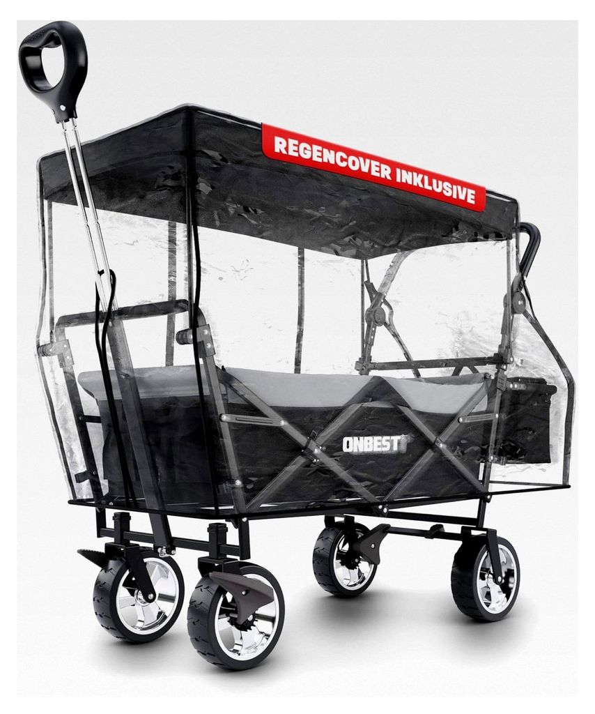 Faltbarer Bollerwagen - Mit Regenschutz - Bollerwagen mit Dach – Sonnenschutz – Kühltasche – Becherhalter – Outdoor – Klappbarer Strandb...