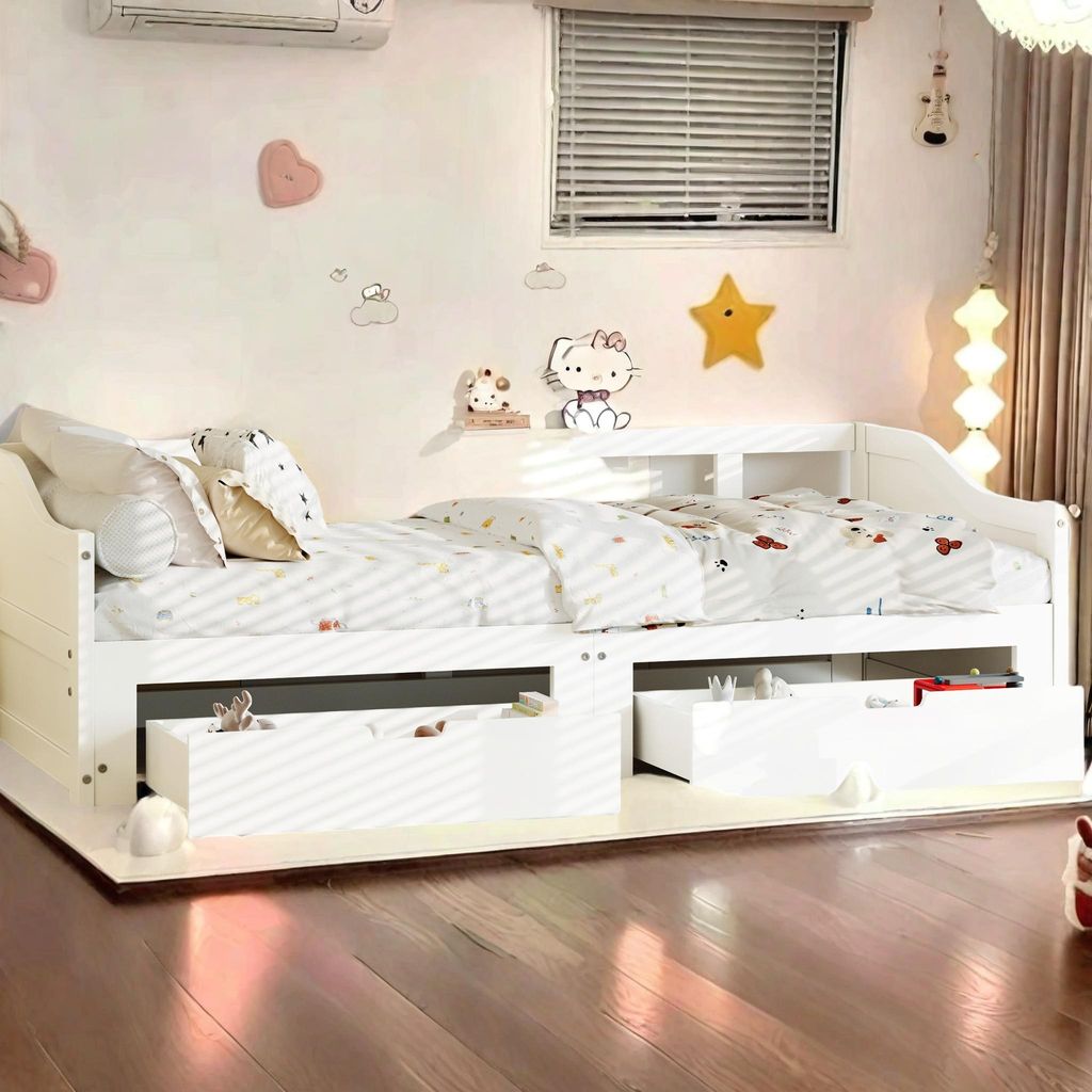 Schlafsofa aus Massivholz, 90 x 200 cm, mit 2 Schubladen, ausziehbar zum Doppelbett 180 x 200 cm, praktisch und robust