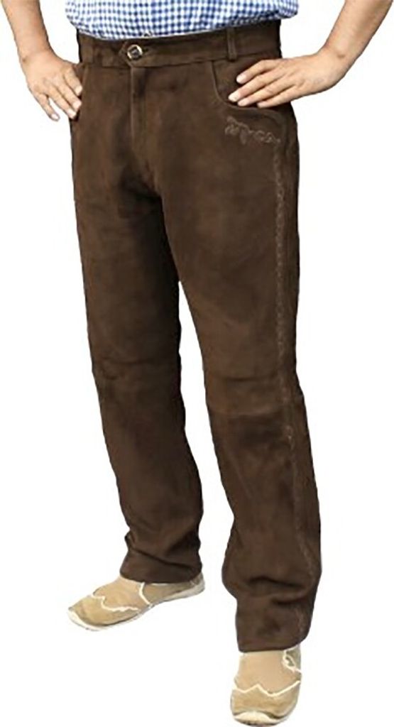 Lange Trachten Lederhose Hosen aus Ziegenvelour Zopfstickerei, Größe:54/XL