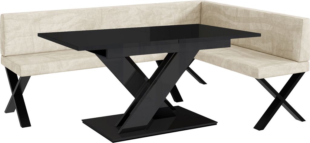 MEBLINI Eckbank für Esszimmer mit ausziehbarem Tisch - Küchenbank - Essecke - Sitzecke Küche - TONI - X-Beine 142x196x87cm Rechts - Creme Samt/B...