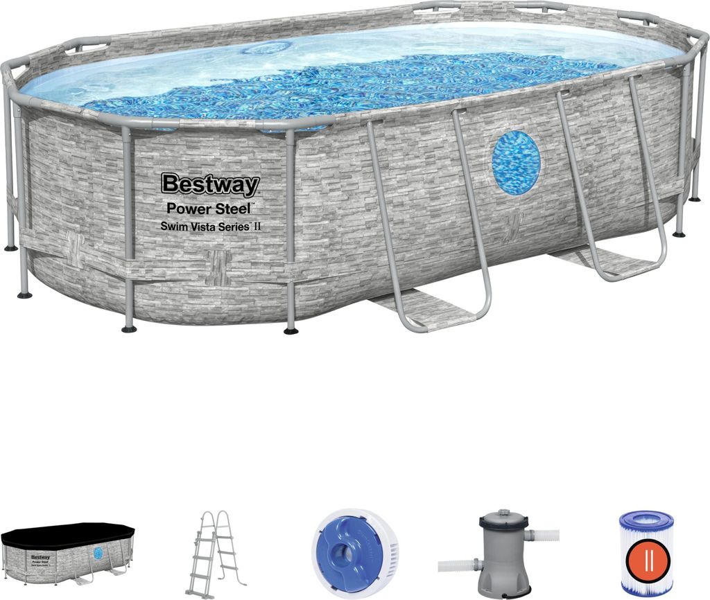 BESTWAY 56714 Power Steel Vista Pool Swimmingpool Rattan + Zubehör 427x250x100cm