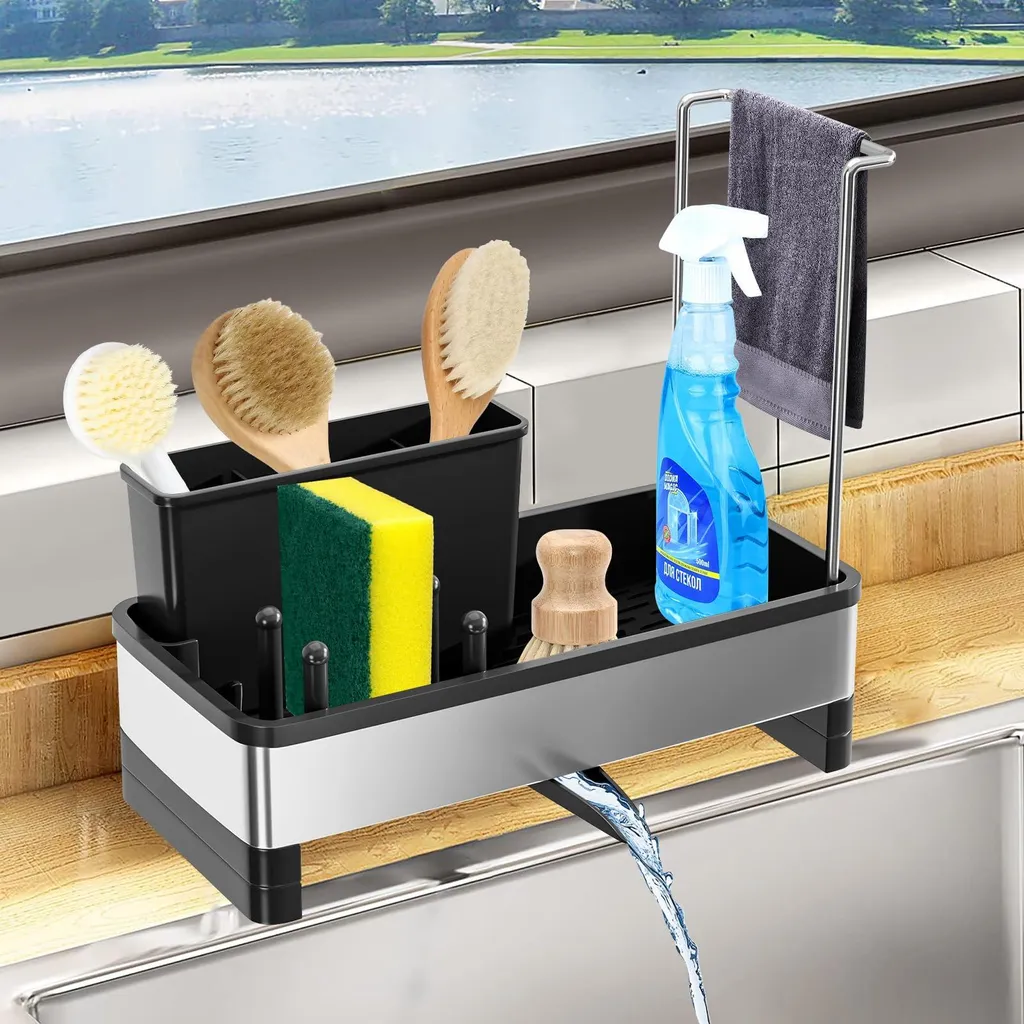 Organisateur de cuisine pour évier avec porte-torchon amovible réglable
