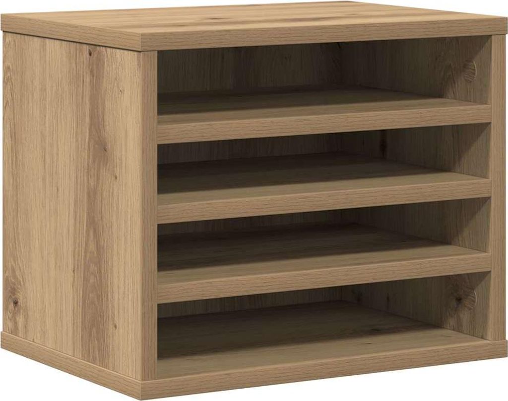 A wooden desk organizer with multiple shelves.