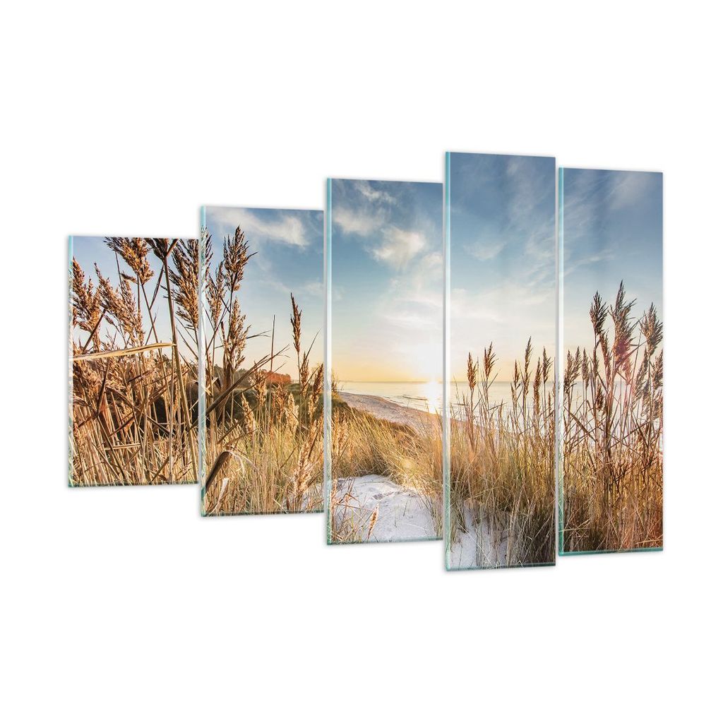 Bilder auf glas - 5 Teile - Ähren Küste Sonne - 150x100cm - Glasbilder - Wandbilder - Bilder - zum Aufhängen bereit - Wanddekoration aus Glas - ...