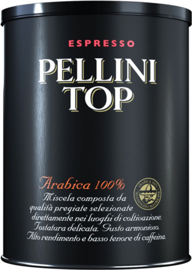 A black tin can of Pellini Top Espresso coffee.