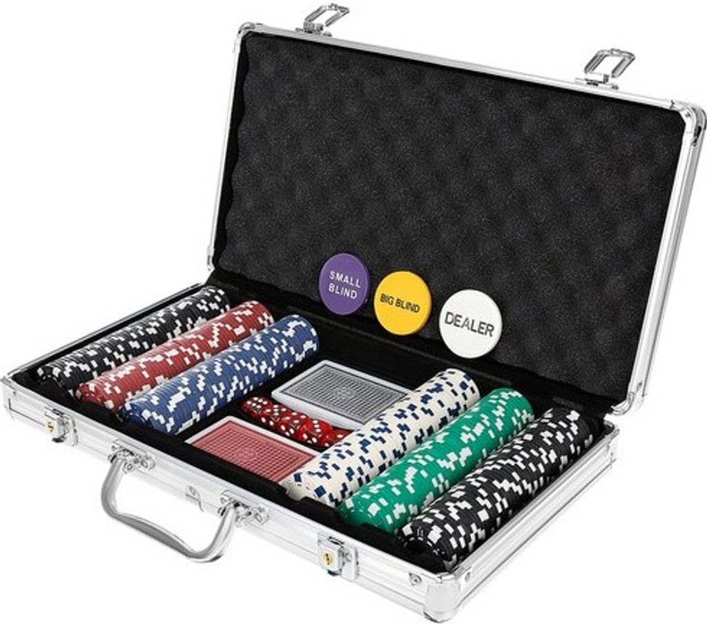 An open aluminum poker chip case with poker chips, playing cards, and dealer/blind buttons.