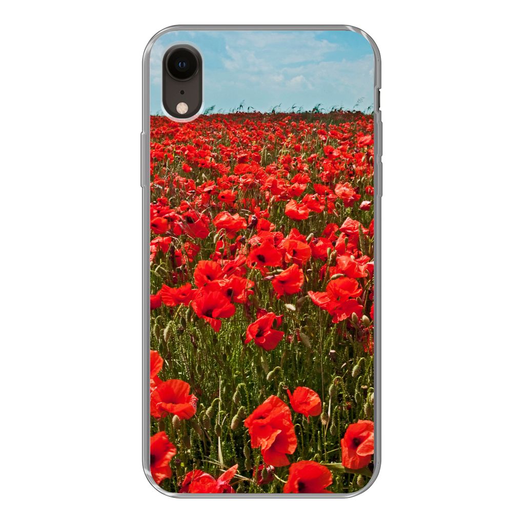 MuchoWow Handyhülle Schutzhülle Hülle für iPhone XR Eine Wiese voller Mohnblumen Silikon Softcase Handy Hülle - Schutzdeckel